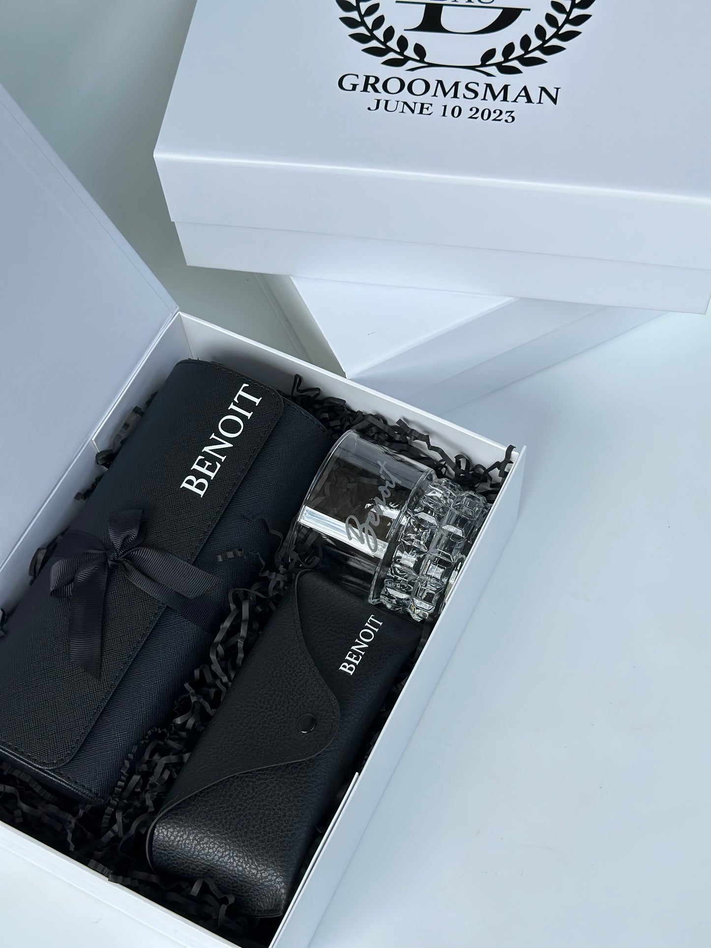 Groomsmen Gift Set - Watch Case, Sunglasses & Whiskey Glass