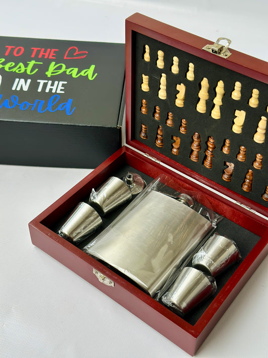 Mini Chess Set with hip Flask ,stainless steel Shot Glasses in Wood Case