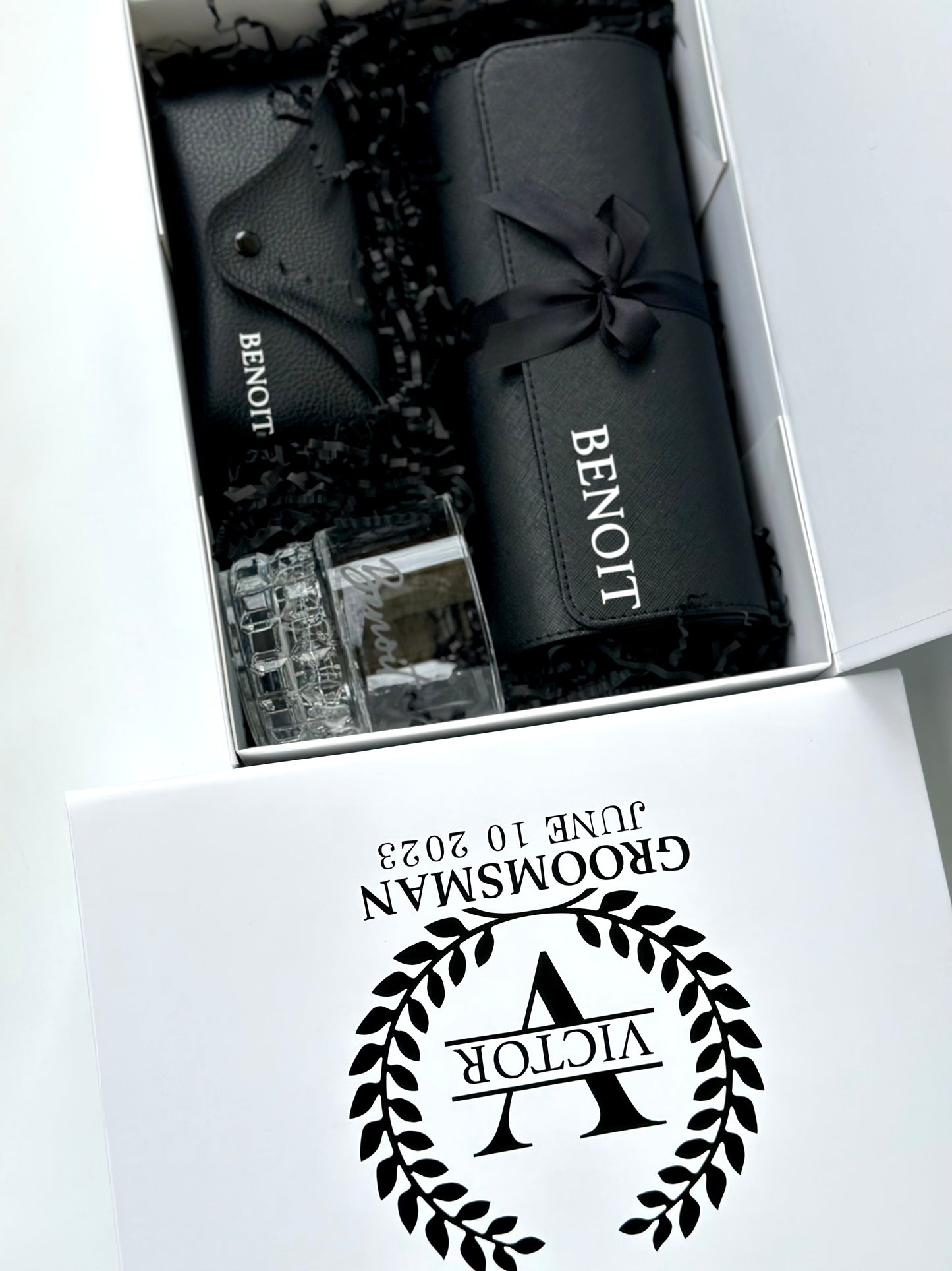 Groomsmen Gift Set - Watch Case, Sunglasses & Whiskey Glass
