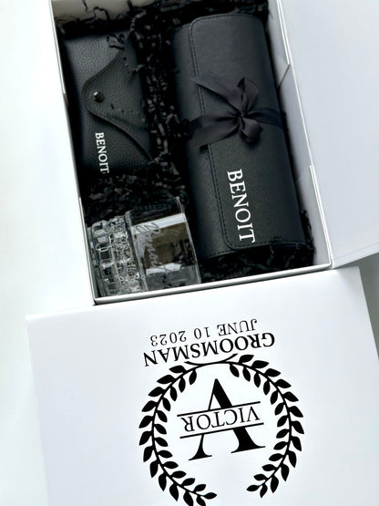 Groomsmen Gift Set - Watch Case, Sunglasses & Whiskey Glass