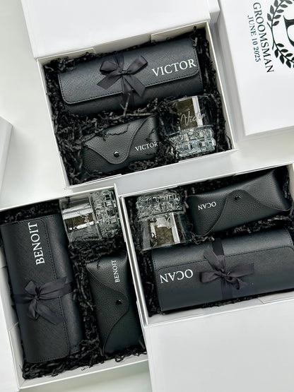 Groomsmen Gift Set - Watch Case, Sunglasses & Whiskey Glass