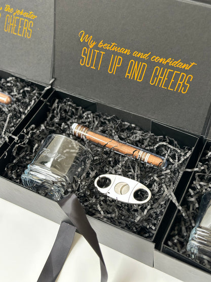 Groomsmen Gift Set - Premium Cigar, Engraved Whiskey Glass & Cigar Cutter