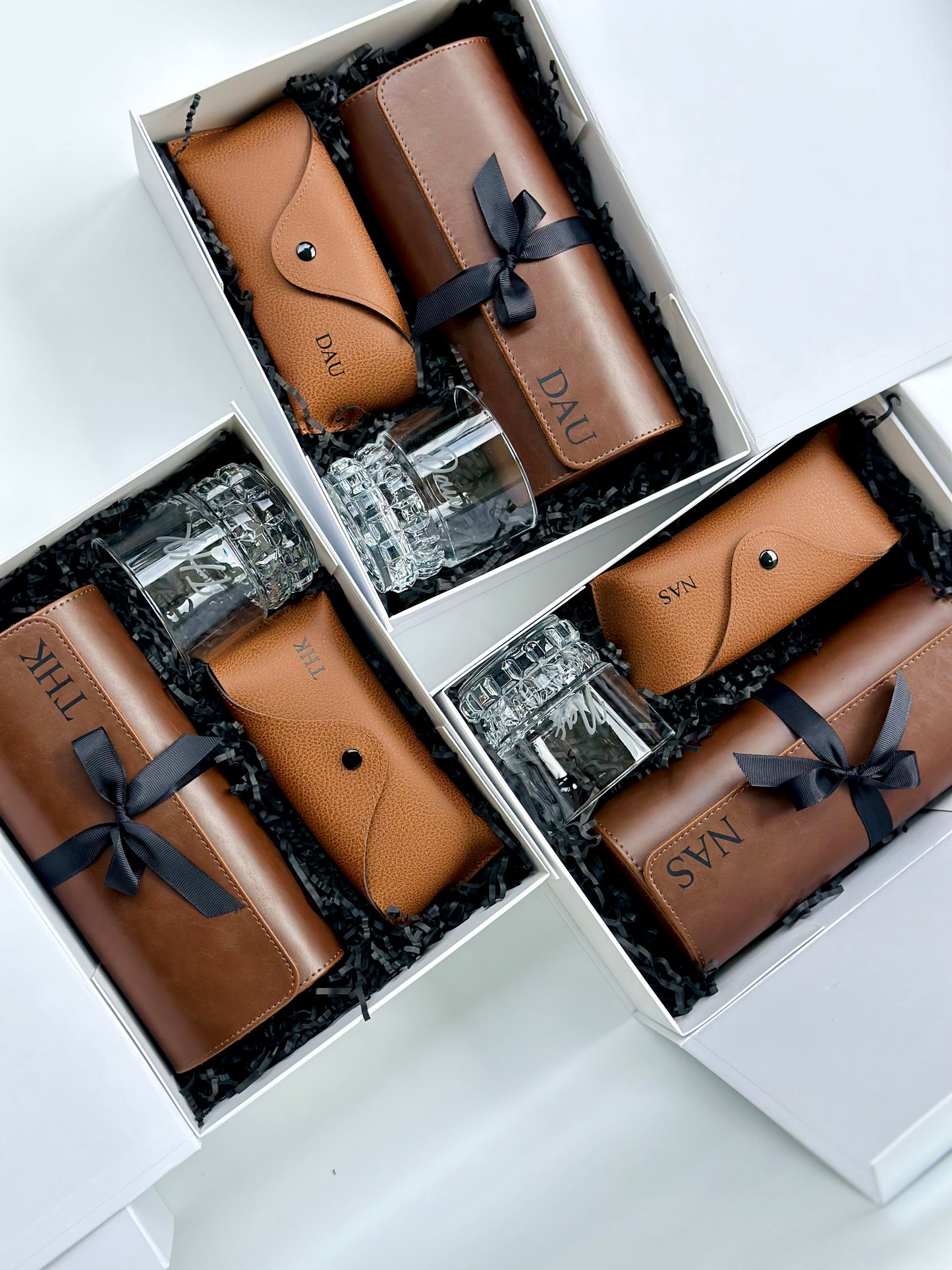 Groomsmen Gift Set - Watch Case, Sunglasses & Whiskey Glass