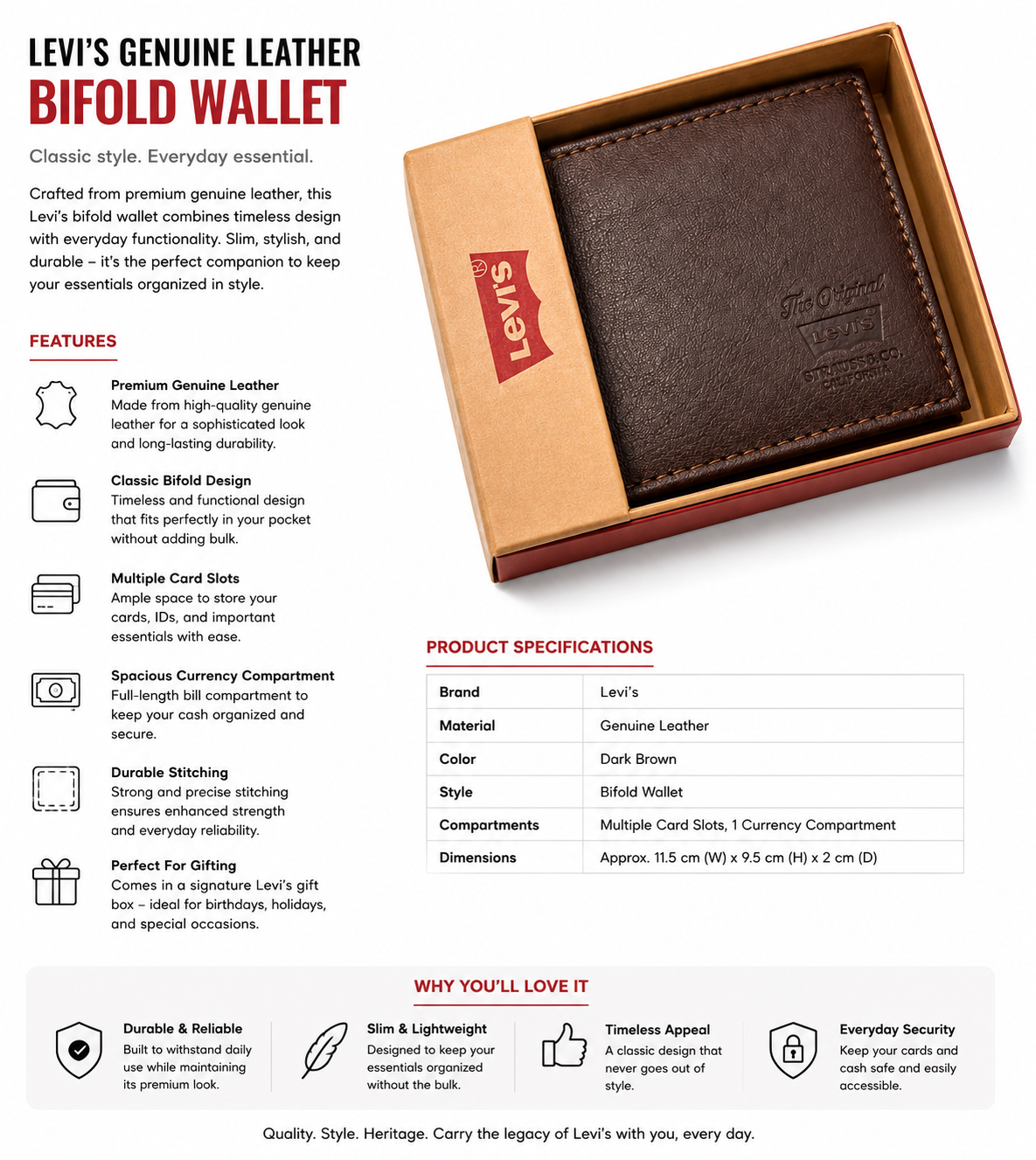 Levi’s Genuine Leather Bifold Wallet – Dark Brown